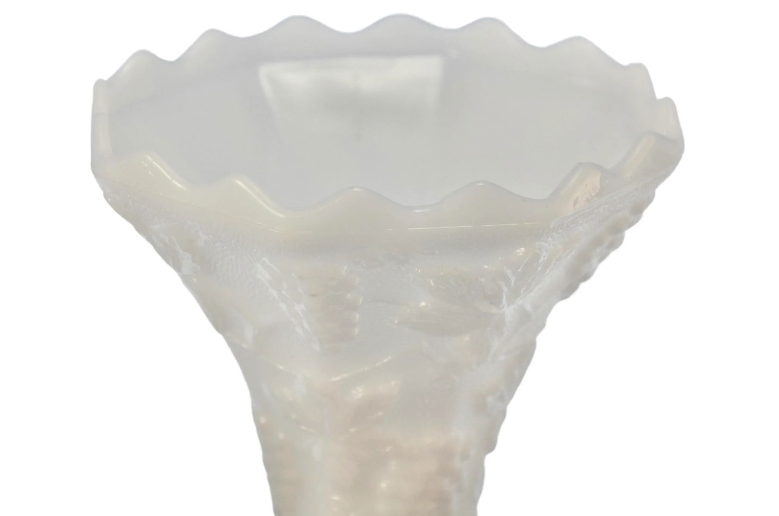 White Milk Glass Grape Motif Trumpet Vase - 3