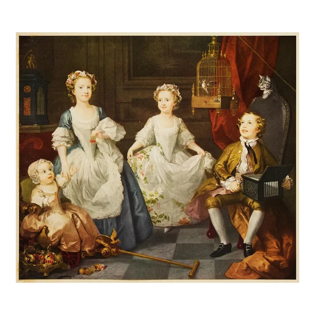 1956 After William Hogarth "The Graham Children", Vintage Full-Color Print: A beautiful vintage full-color reproduction print after painting "The Graham Children" by William Hogarth. Comes from a First Edition art folio printed in 1956. Printed on one side. Hand tipped-in on