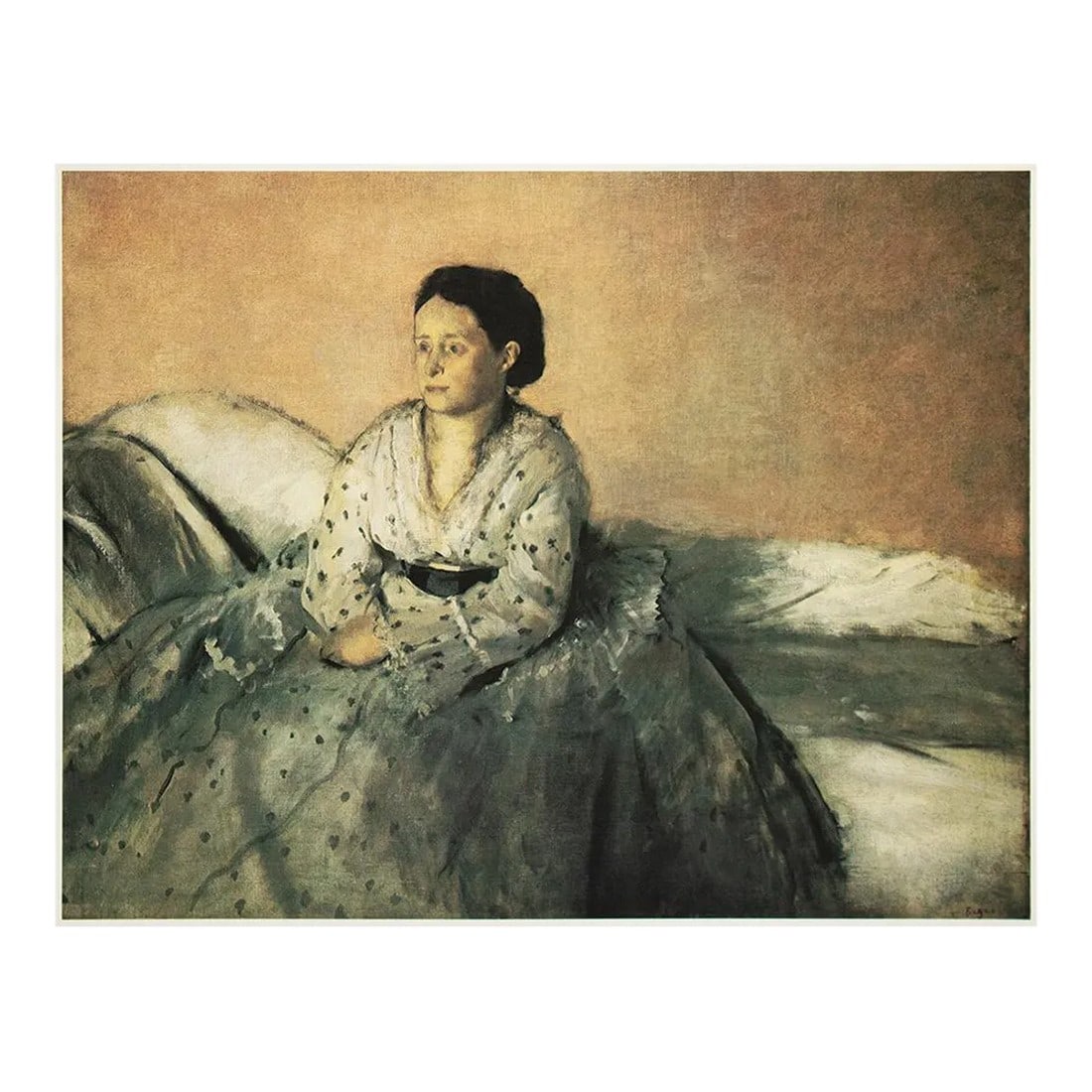 1977 After Edgar Degas "Madame Rene De Gas", Full-Color Print: An excellent large full-color print after Impressionist painting "Madame Rene De Gas" by Edgar Degas. Comes from a Limited Edition art folio printed in Japan, in 1977. Copy on back is related to anoth