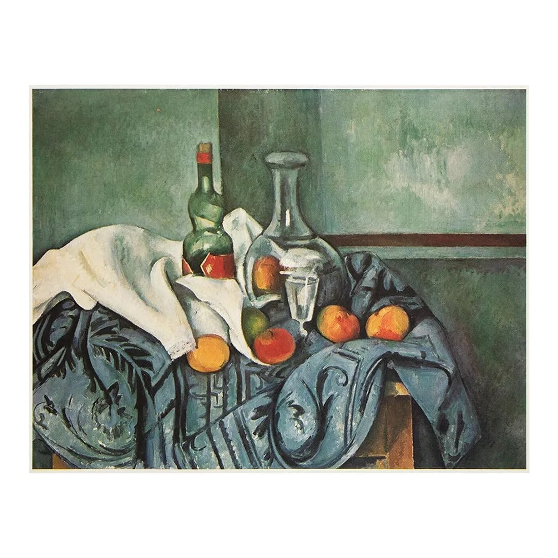 1977 After Paul Cezanne "Still Life With Peppermint Bottle", Large Full-Color Print: An excellent full-color print after Impressionist Still Life With Peppermint Bottle by Paul Cezanne. Comes from a Limited Edition art folio printed in Japan, in 1977. Copy on back is related to