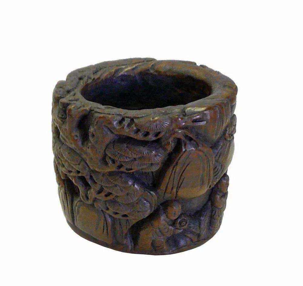 Chinese People Pine Carving Bamboo Display Figure Brush Holder Pot - 2