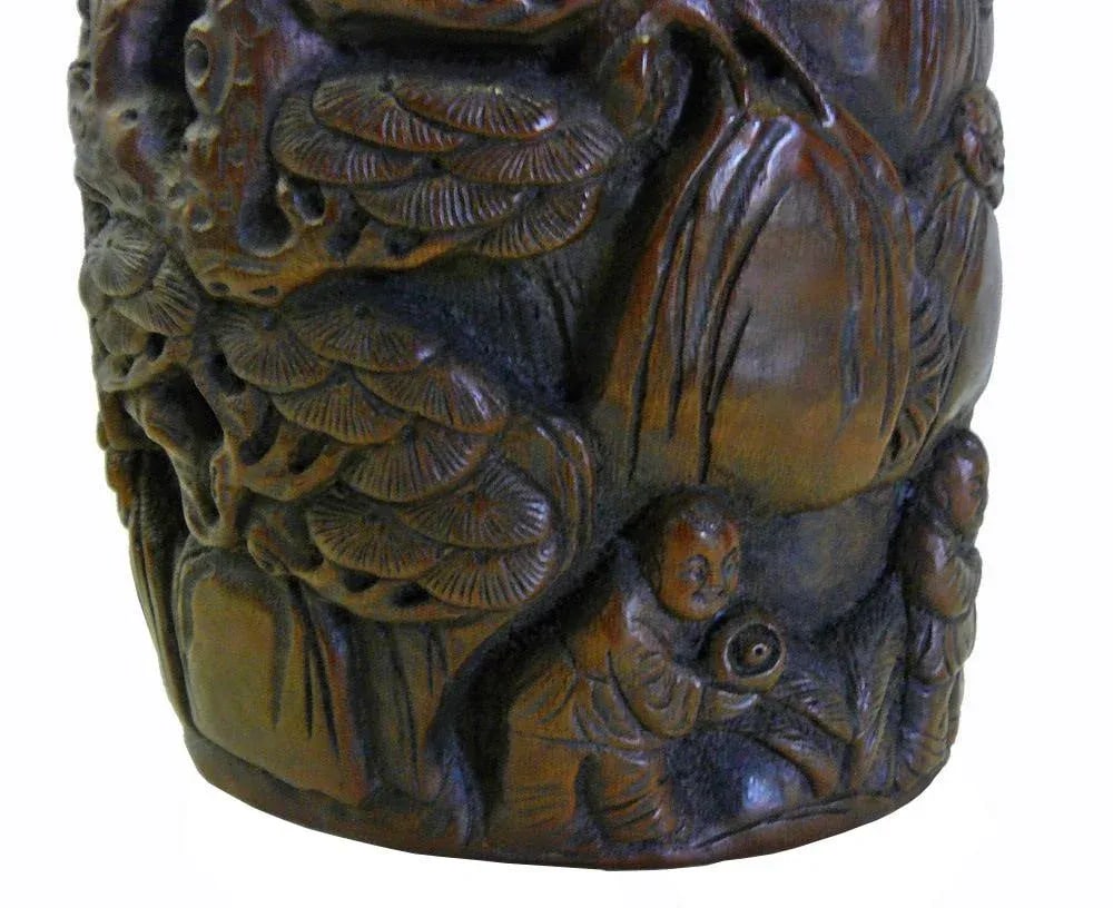 Chinese People Pine Carving Bamboo Display Figure Brush Holder Pot - 3