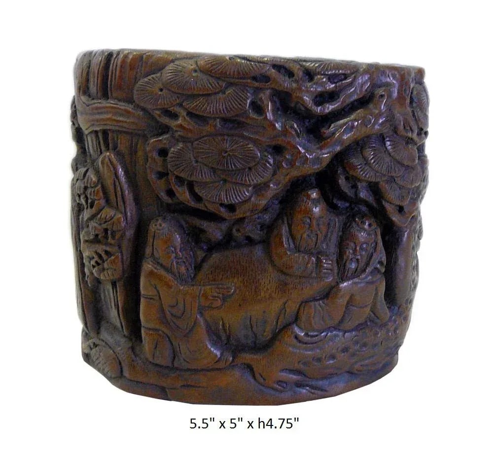 Chinese People Pine Carving Bamboo Display Figure Brush Holder Pot - 6