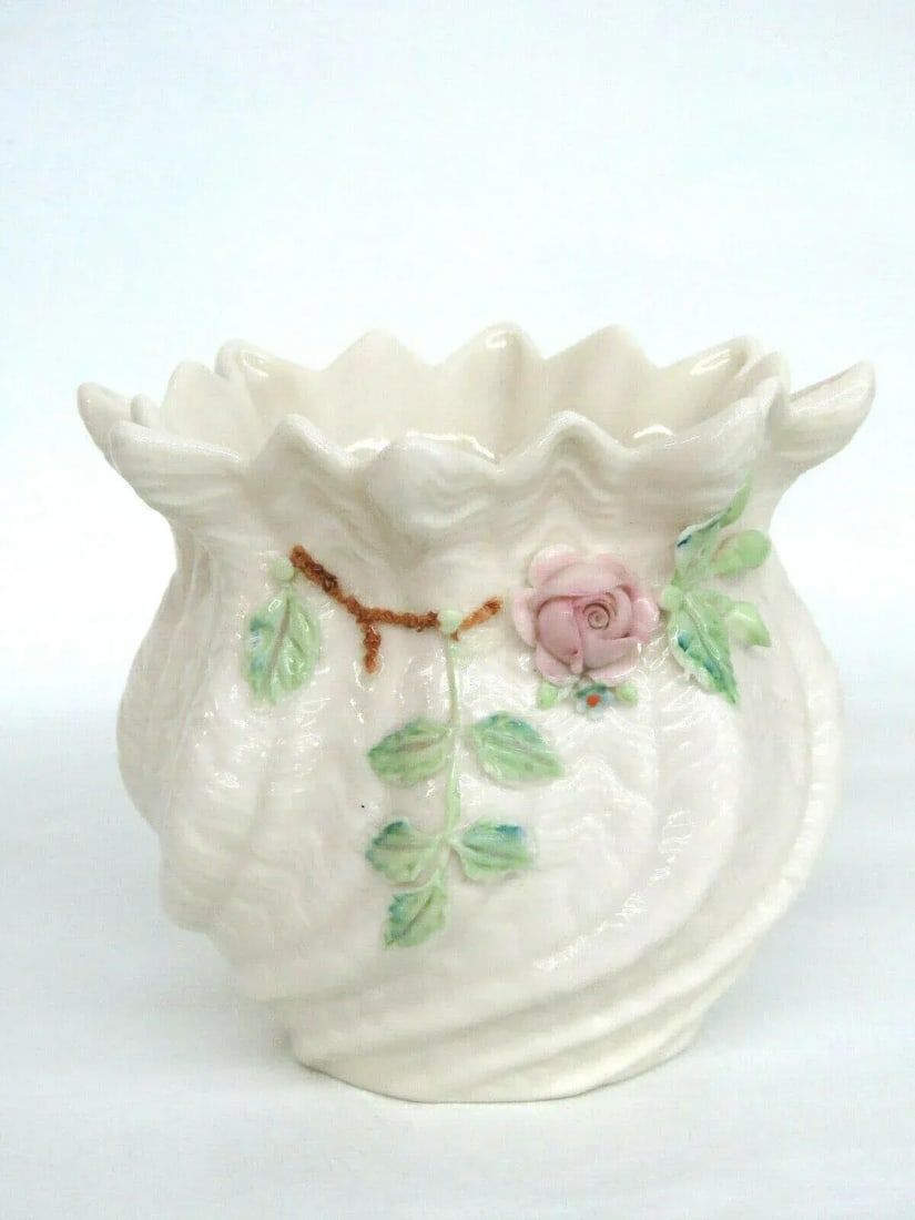 Belleek Ireland Porcelain Pink Rose Green Leaves Flower Vase - 11