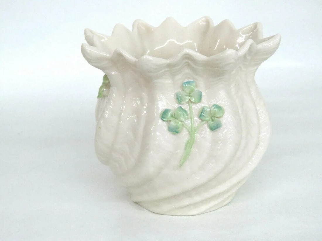 Belleek Ireland Porcelain Pink Rose Green Leaves Flower Vase - 7