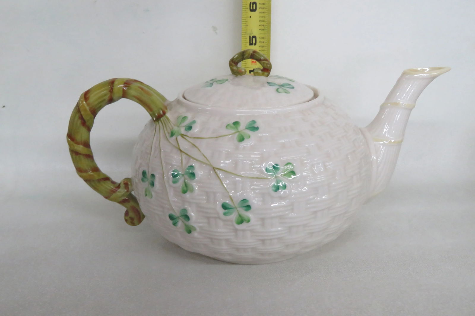 Belleek Ireland Shamrock Basket Weave Teapot - 7