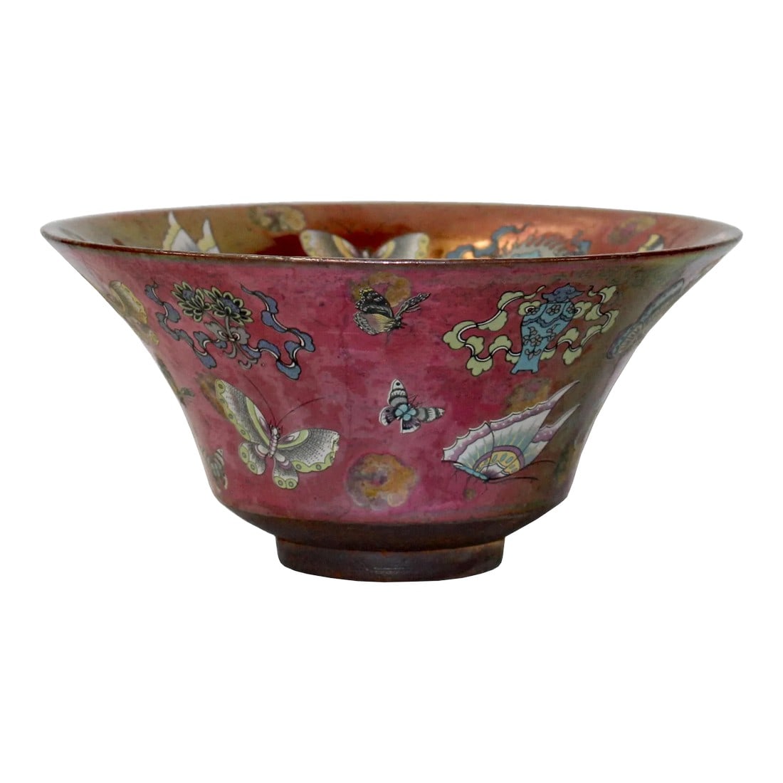 Chinese Handmade Metallic Pink Butterflies Ceramic Accent Bowl: This is a handmade ceramic bowl with a simple clean flat design. It has a vintage distressed metallic pink glaze on the body and colorful butterflies and flower graphics. It is a nice decorative