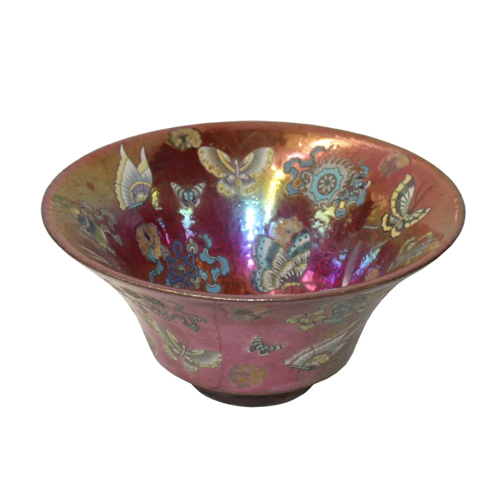 Chinese Handmade Metallic Pink Butterflies Ceramic Accent Bowl - 3