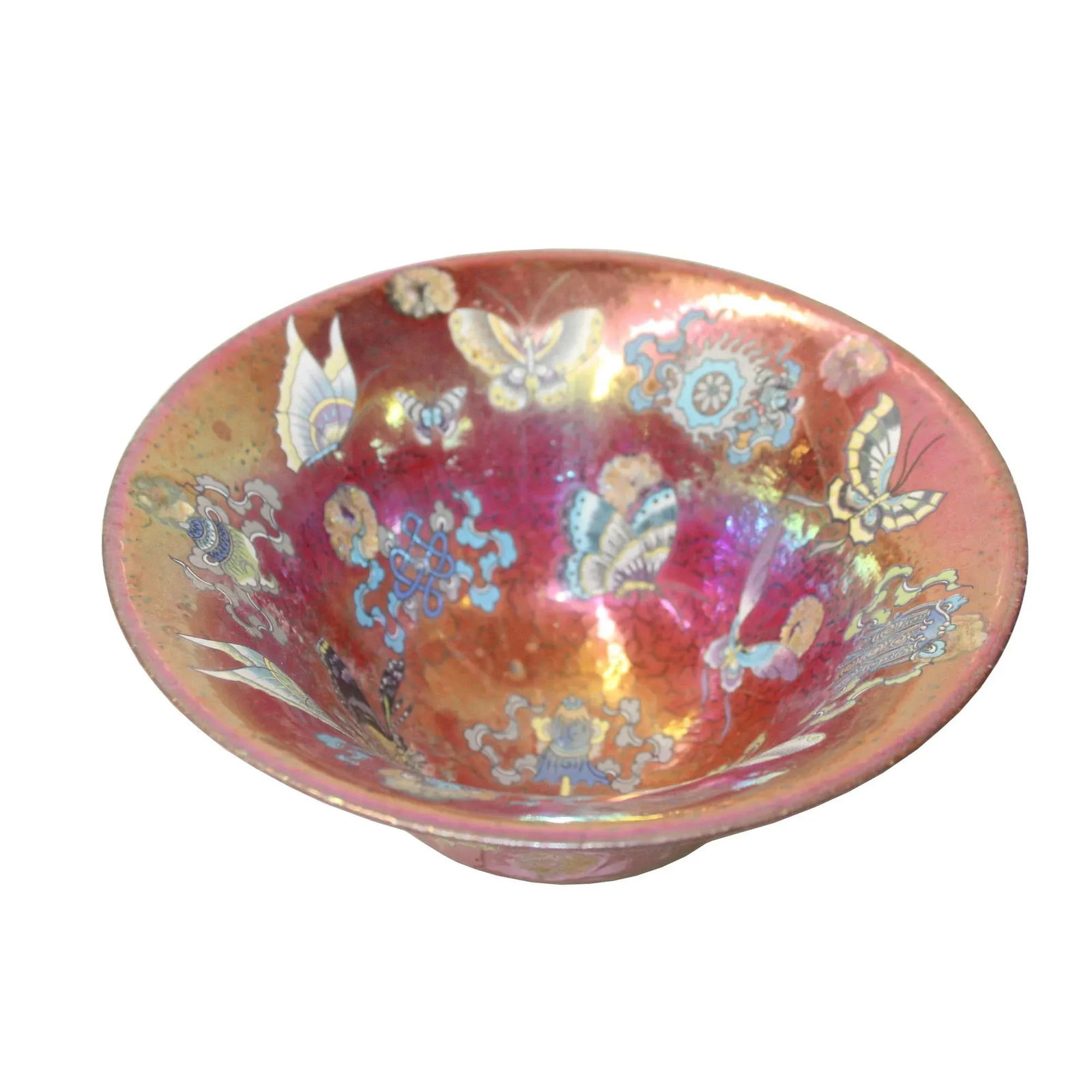 Chinese Handmade Metallic Pink Butterflies Ceramic Accent Bowl - 4