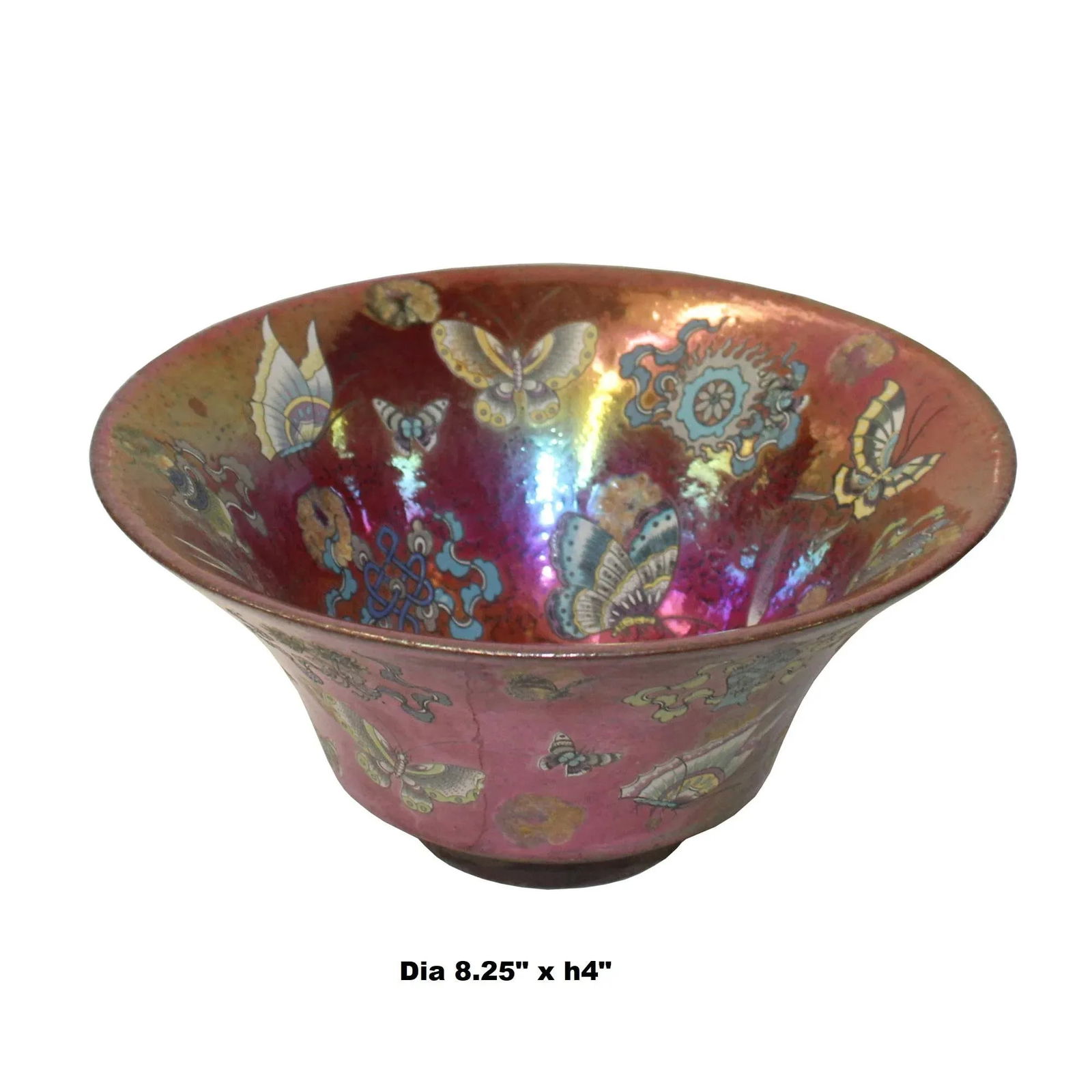 Chinese Handmade Metallic Pink Butterflies Ceramic Accent Bowl - 6
