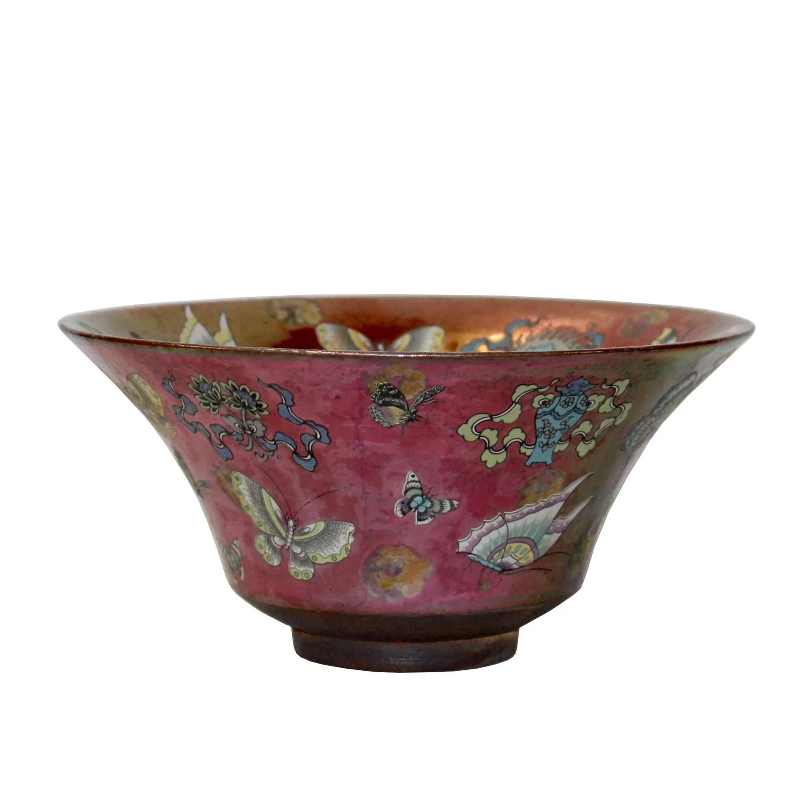 Chinese Handmade Metallic Pink Butterflies Ceramic Accent Bowl - 8