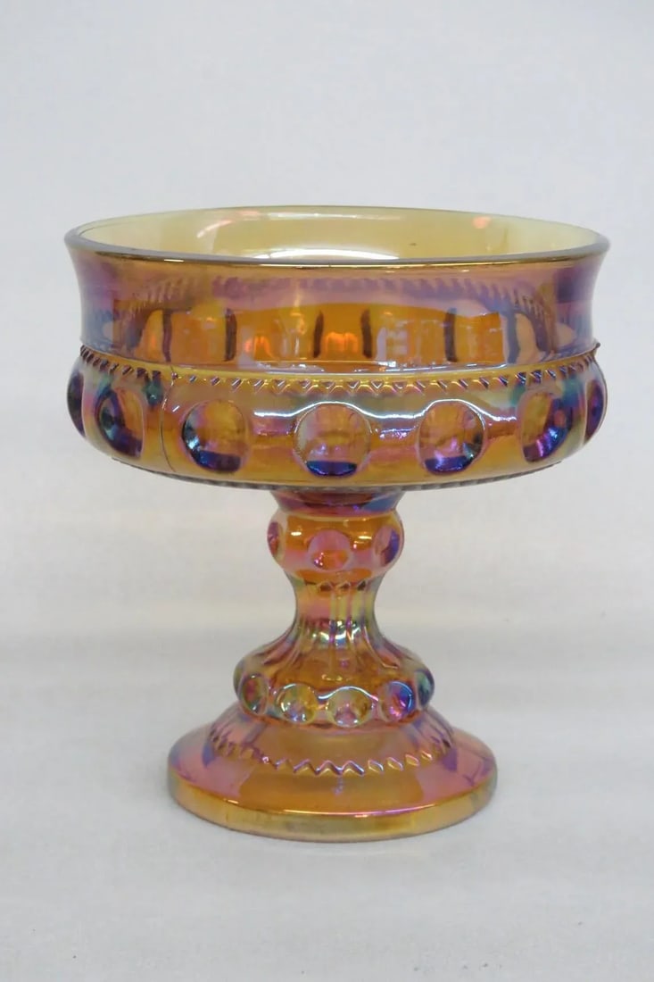 Kings Crown Thumbprint Indiana Carnival Glass Amber Compote Candy Dish - 11