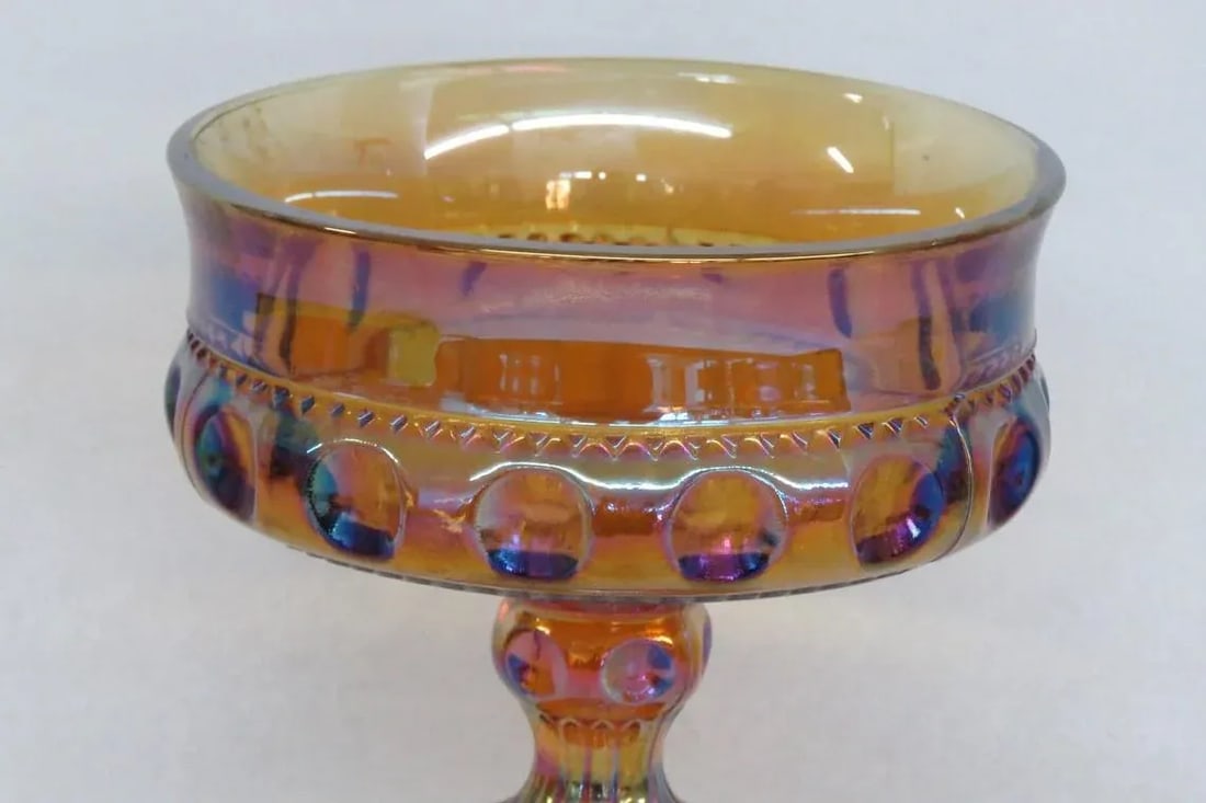 Kings Crown Thumbprint Indiana Carnival Glass Amber Compote Candy Dish - 3
