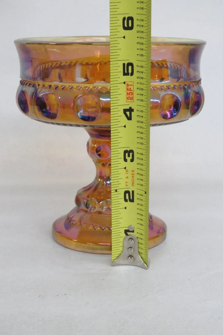 Kings Crown Thumbprint Indiana Carnival Glass Amber Compote Candy Dish - 6