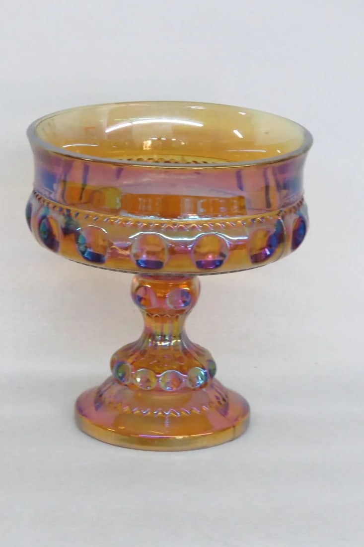 Kings Crown Thumbprint Indiana Carnival Glass Amber Compote Candy Dish - 8