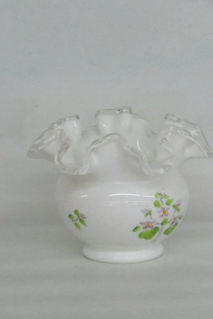 Fenton Silver Crest Hand Painted White Milk Glass Ruffled Rim Vase - 11