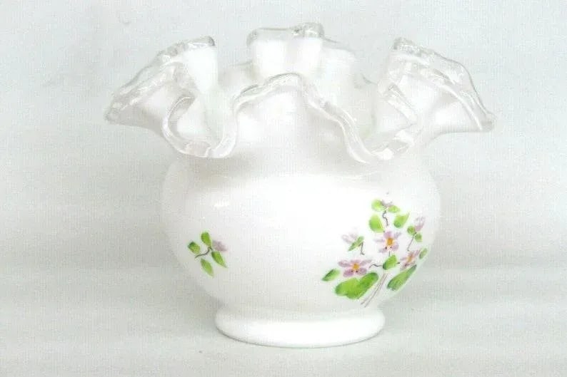 Fenton Silver Crest Hand Painted White Milk Glass Ruffled Rim Vase - 2