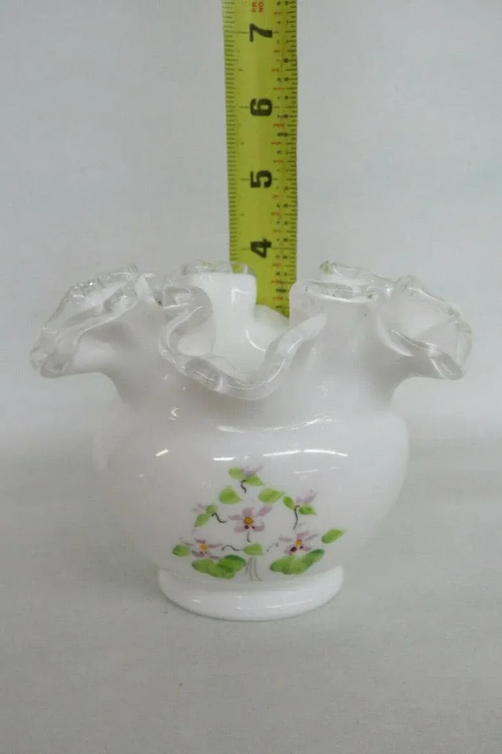 Fenton Silver Crest Hand Painted White Milk Glass Ruffled Rim Vase - 5