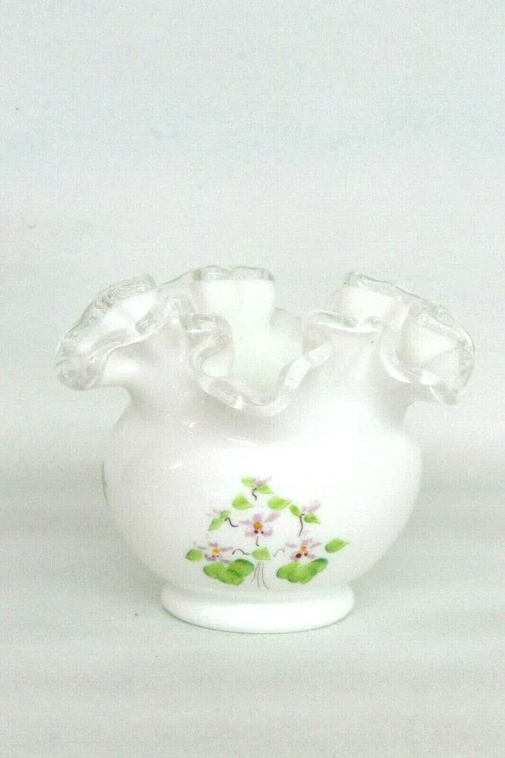 Fenton Silver Crest Hand Painted White Milk Glass Ruffled Rim Vase - 7