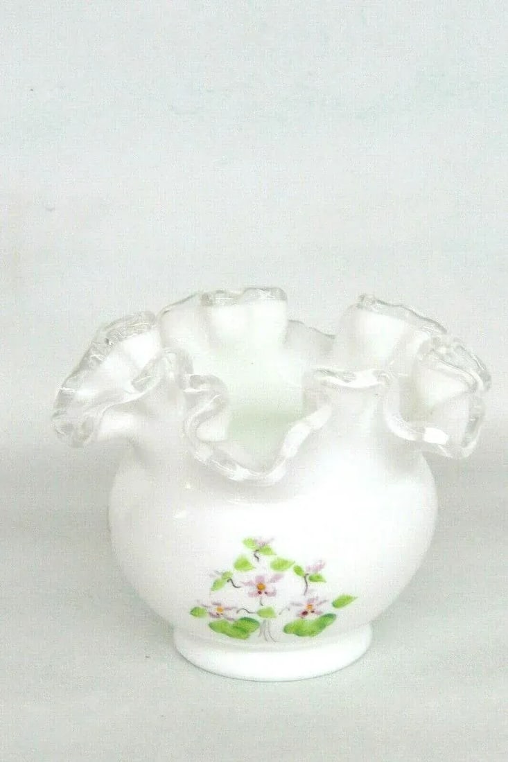 Fenton Silver Crest Hand Painted White Milk Glass Ruffled Rim Vase - 8