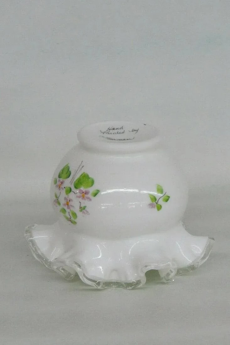 Fenton Silver Crest Hand Painted White Milk Glass Ruffled Rim Vase - 9