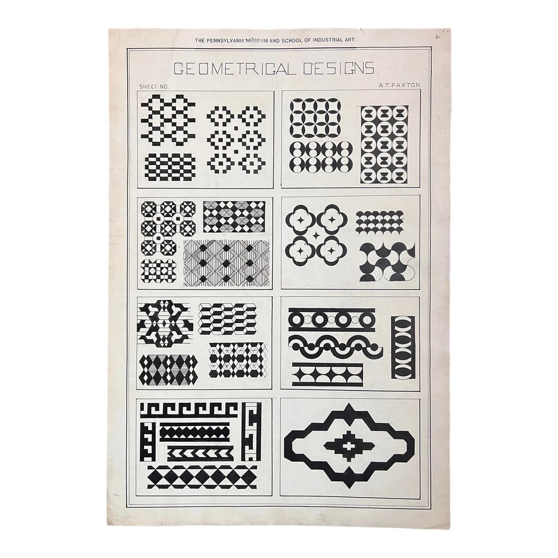 Geometric Pattern Illustration by Paxton, 1900s: Black and white geometric pattern study by AT Paxton. Possibly an art school assignment or study. Circa 1900. Condition: Alterations: Original Condition Unaltered Imperfections: Some Imperfections