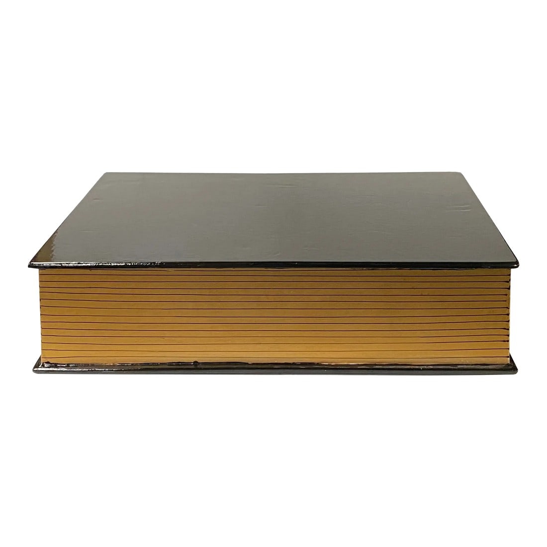 Black Lacquer Golden Side Book Shape Storage Box Accent: This is a black lacquer surface golden side finish box in a book shape. Dimension: w16" x d12" x h4" Inside: (14"x 10.5"x h3") approx Origin: China Material : Cardboard MDF Condition: