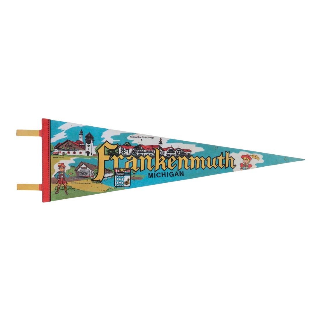 Frankenmuth Michigan Felt Flag Pennant: Frankenmuth Michigan pennant circa 1970's vintage. Item is in fair condition, and may exhibit one or more of the following: Some imperfections like minor tear in fabric in certain areas, light to