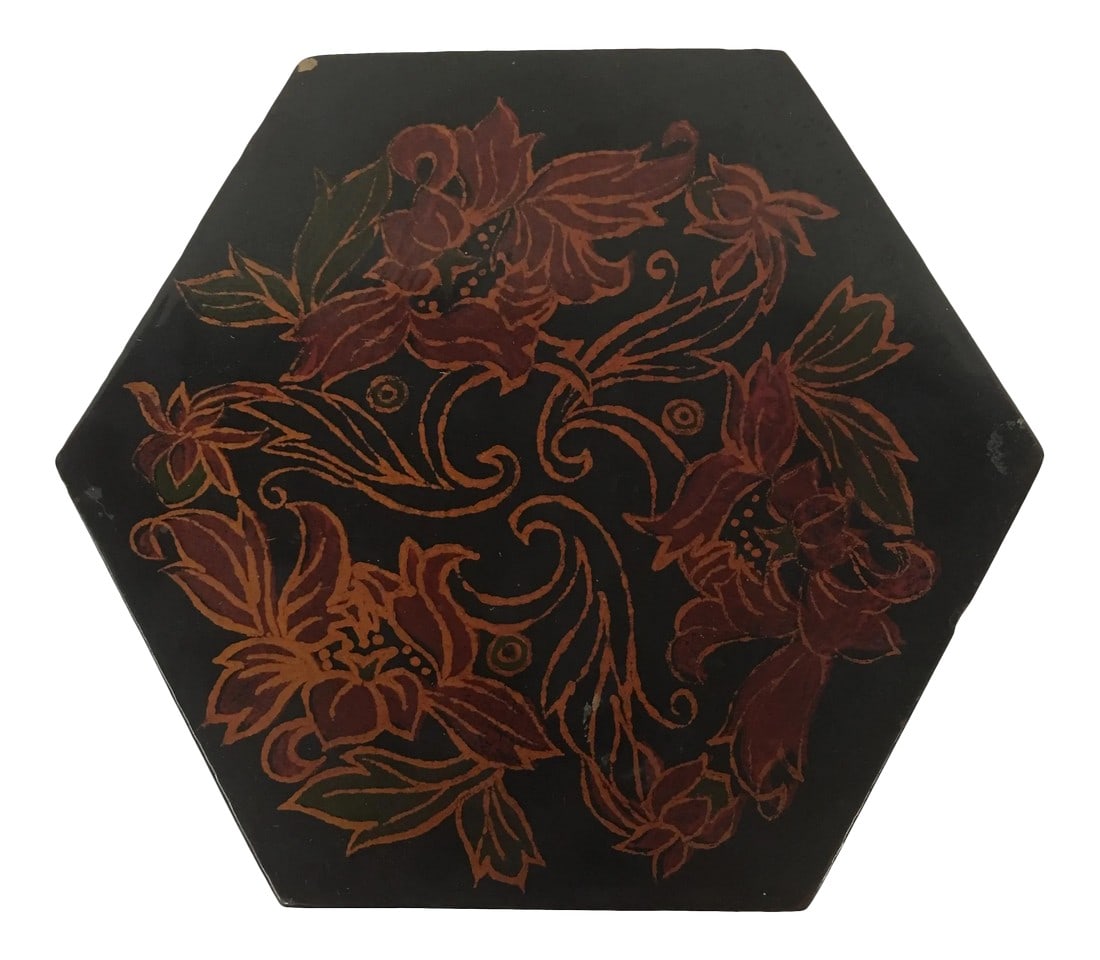 Vintage Black Lacquer Hexagon Box: A vintage lacquer box with beautiful cinnabar interior made exclusively for Lillian Vernon back in the 60s. Only a couple of very small chips which I have not tried to repair but are easy enough to