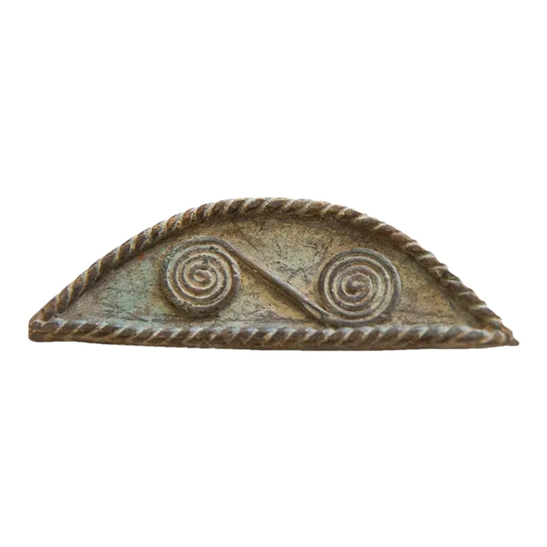 Vintage African Handmade Detailed Bronze Shield: Vintage African handmade detailed bronze shield. As this item is in vintage condition, it may show signs of age and use. Date made estimated to be 1960's. Approximate size measures: 3.5" x 1.5" x.25".