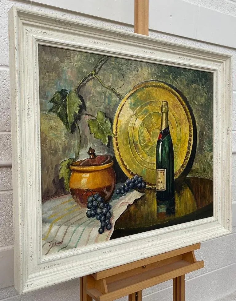 Vintage Champagne Bottle With Grapes Still Life Oil Painting by 20th Century Artist, 1985 Circa - 2