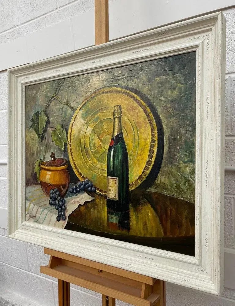 Vintage Champagne Bottle With Grapes Still Life Oil Painting by 20th Century Artist, 1985 Circa - 4
