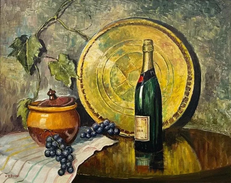 Vintage Champagne Bottle With Grapes Still Life Oil Painting by 20th Century Artist, 1985 Circa - 5