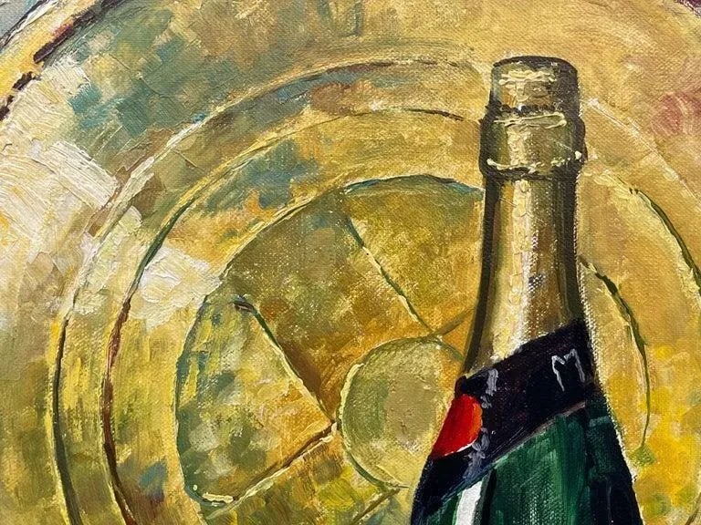 Vintage Champagne Bottle With Grapes Still Life Oil Painting by 20th Century Artist, 1985 Circa - 9