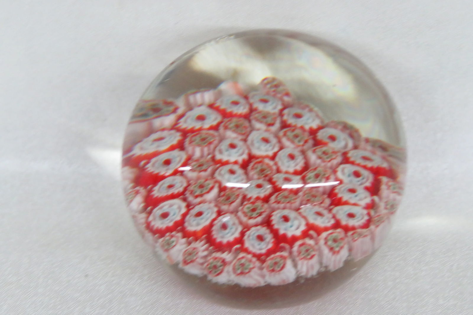Hand Blown Art Glass Paperweight Red and White Flowers Design - 10