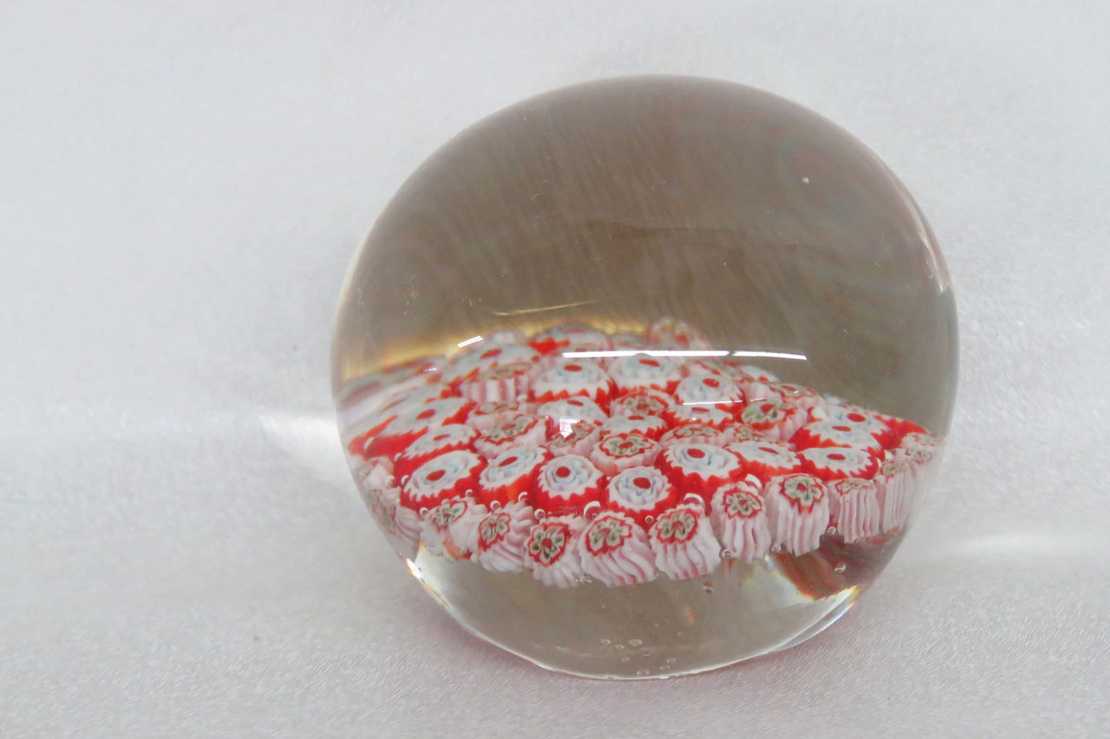 Hand Blown Art Glass Paperweight Red and White Flowers Design - 12