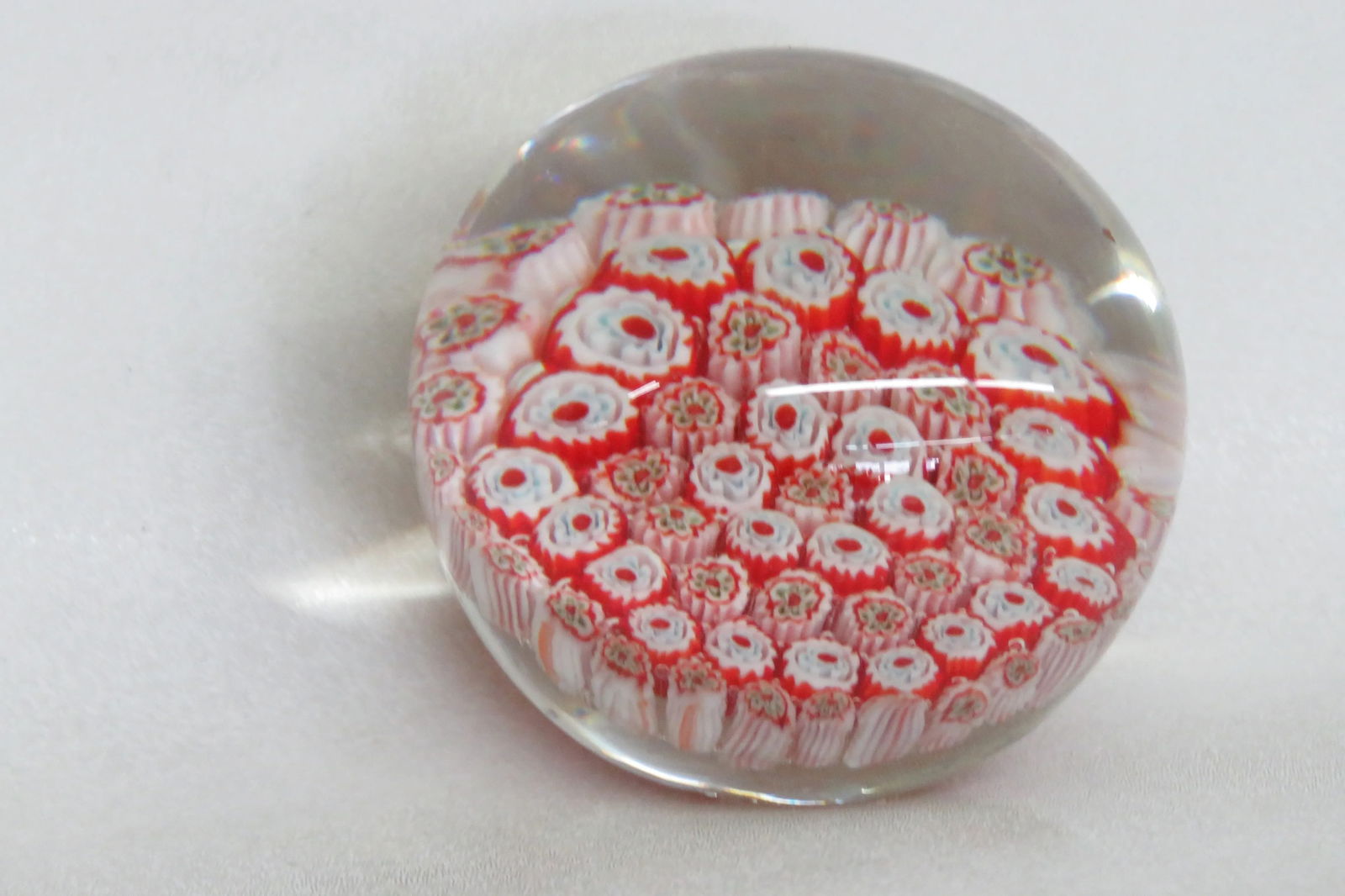 Hand Blown Art Glass Paperweight Red and White Flowers Design - 13