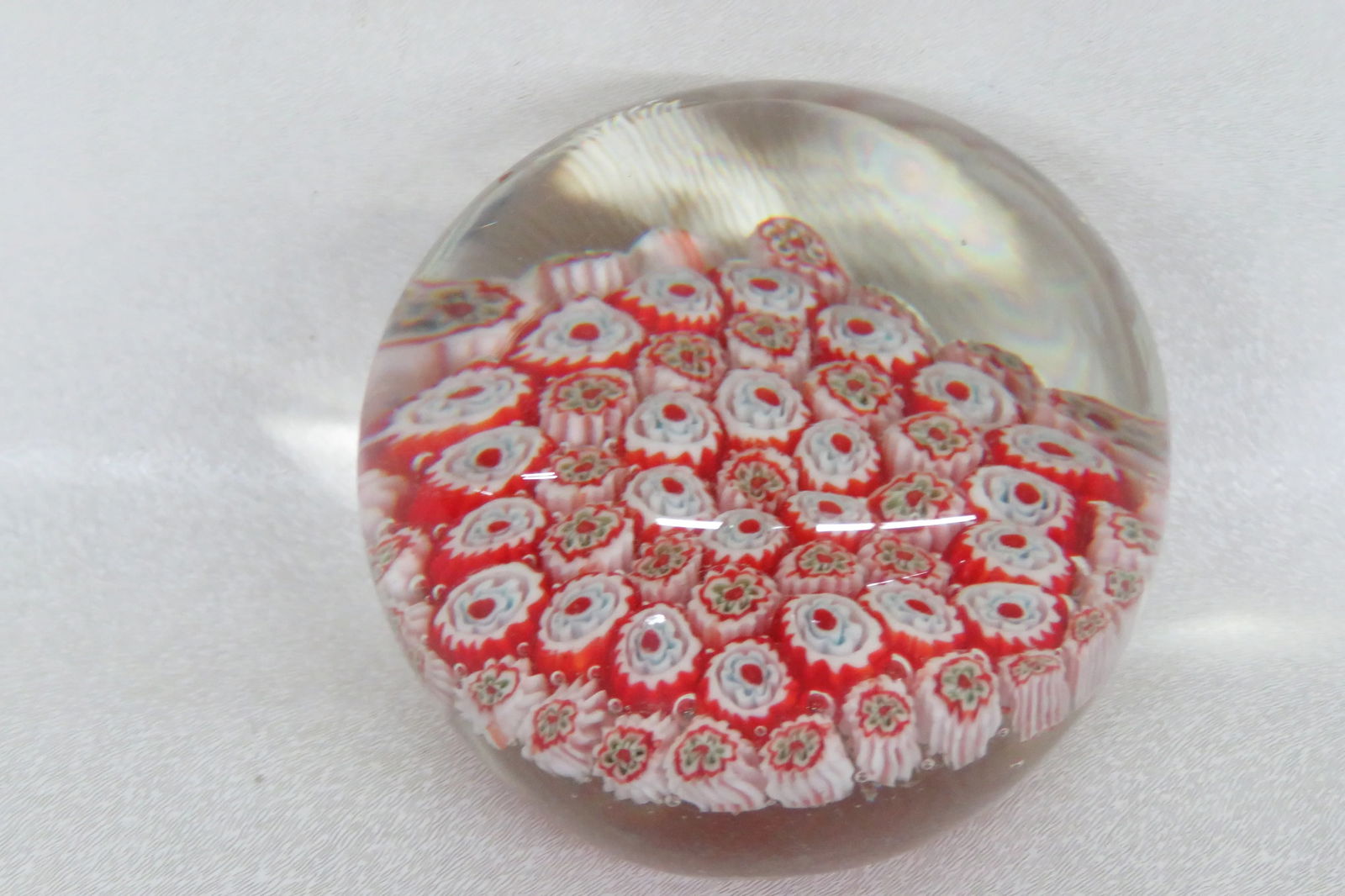 Hand Blown Art Glass Paperweight Red and White Flowers Design - 2
