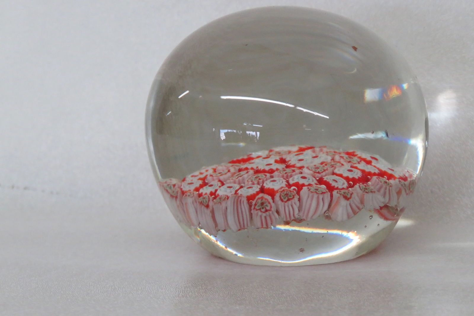 Hand Blown Art Glass Paperweight Red and White Flowers Design - 5