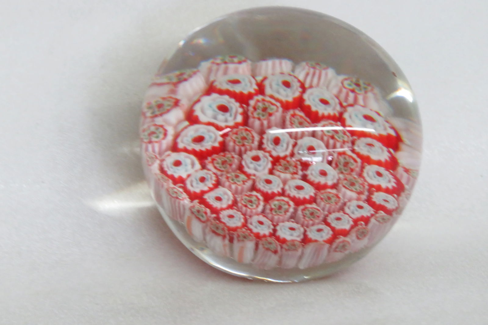 Hand Blown Art Glass Paperweight Red and White Flowers Design - 6