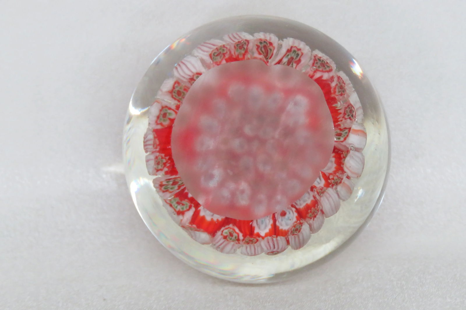 Hand Blown Art Glass Paperweight Red and White Flowers Design - 8