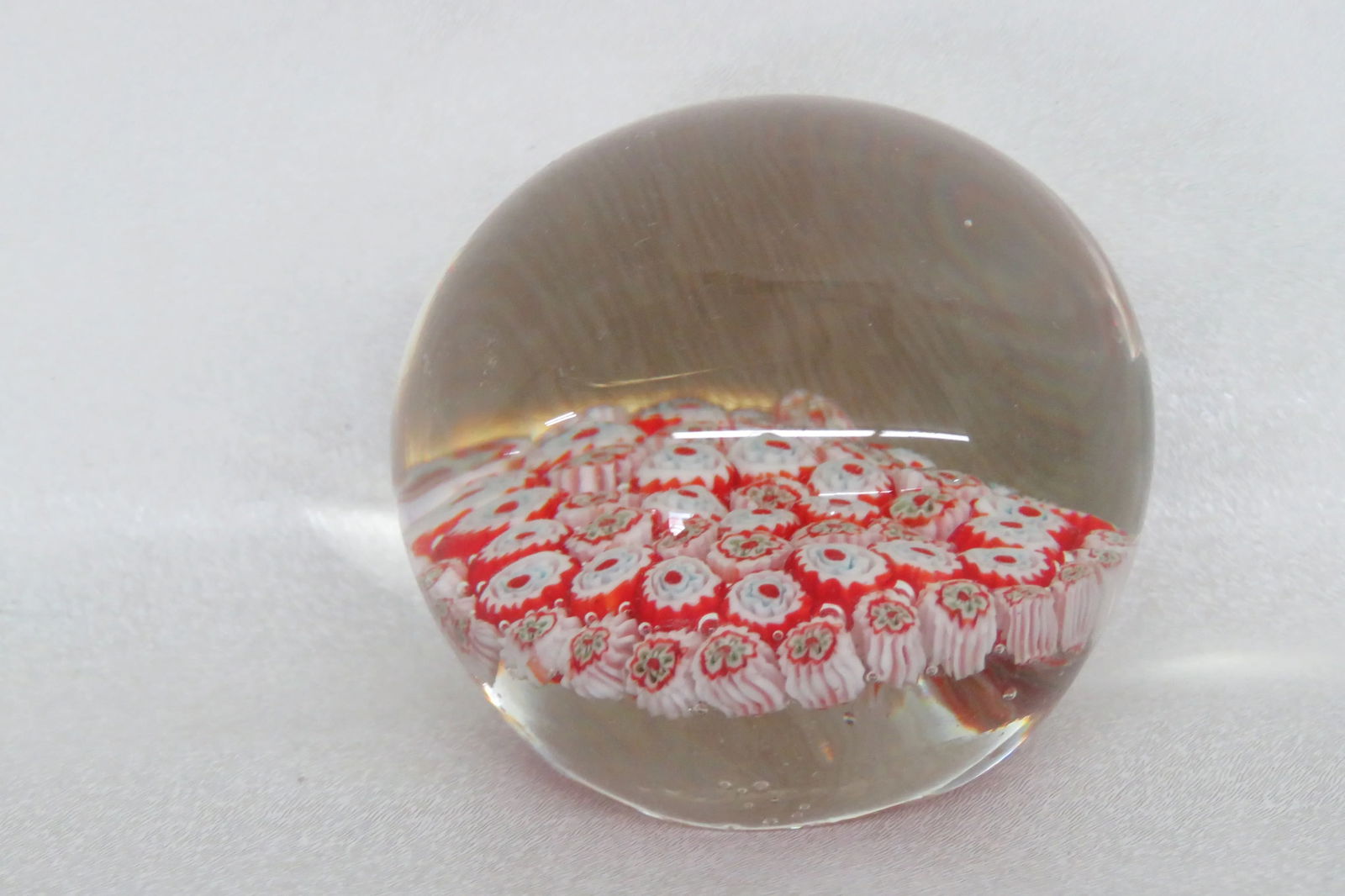 Hand Blown Art Glass Paperweight Red and White Flowers Design - 9