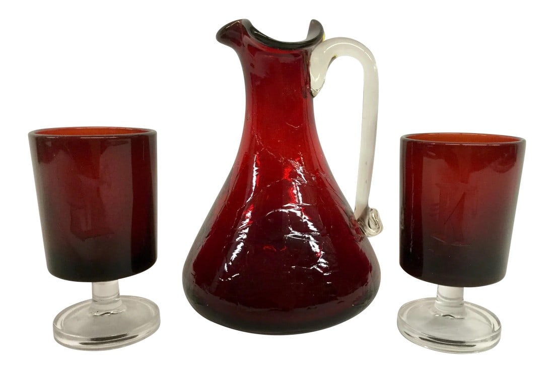 Vintage Cranberry Pitcher & Glasses - Set of 3 (1 of 9)