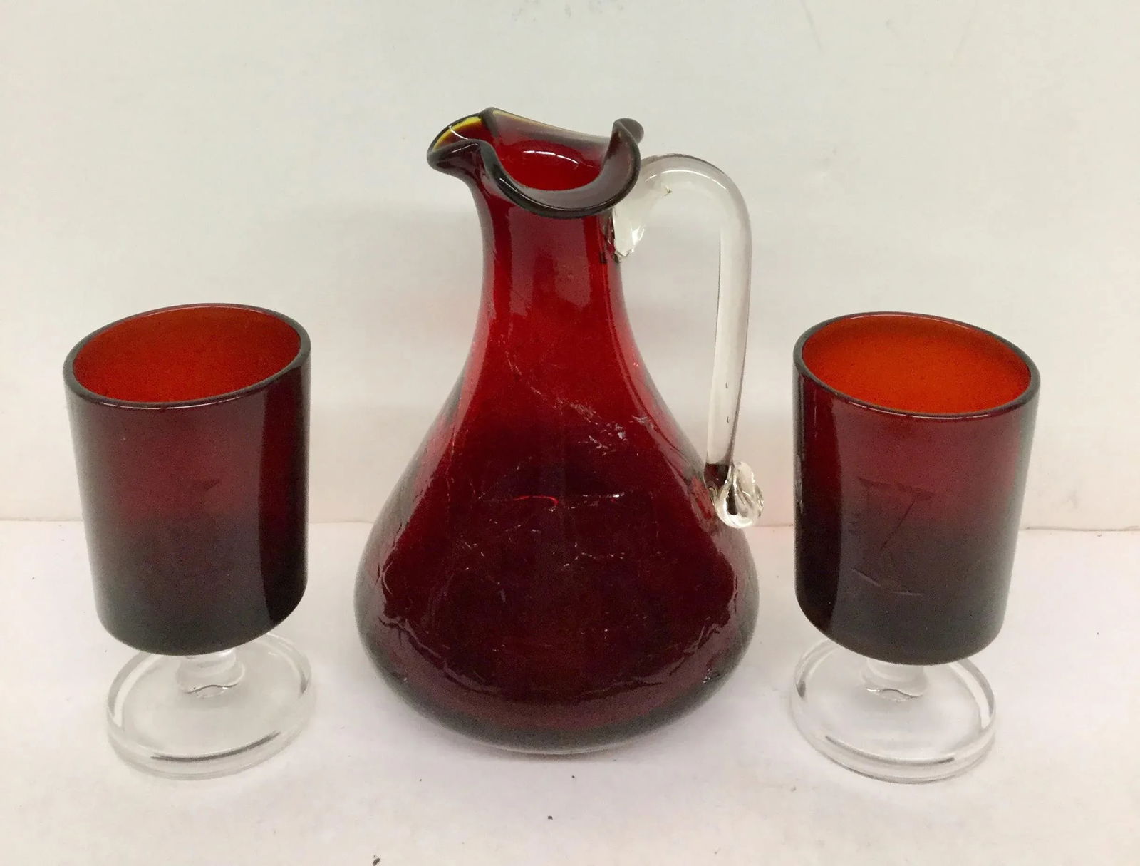 Vintage Cranberry Pitcher & Glasses - Set of 3 - 2