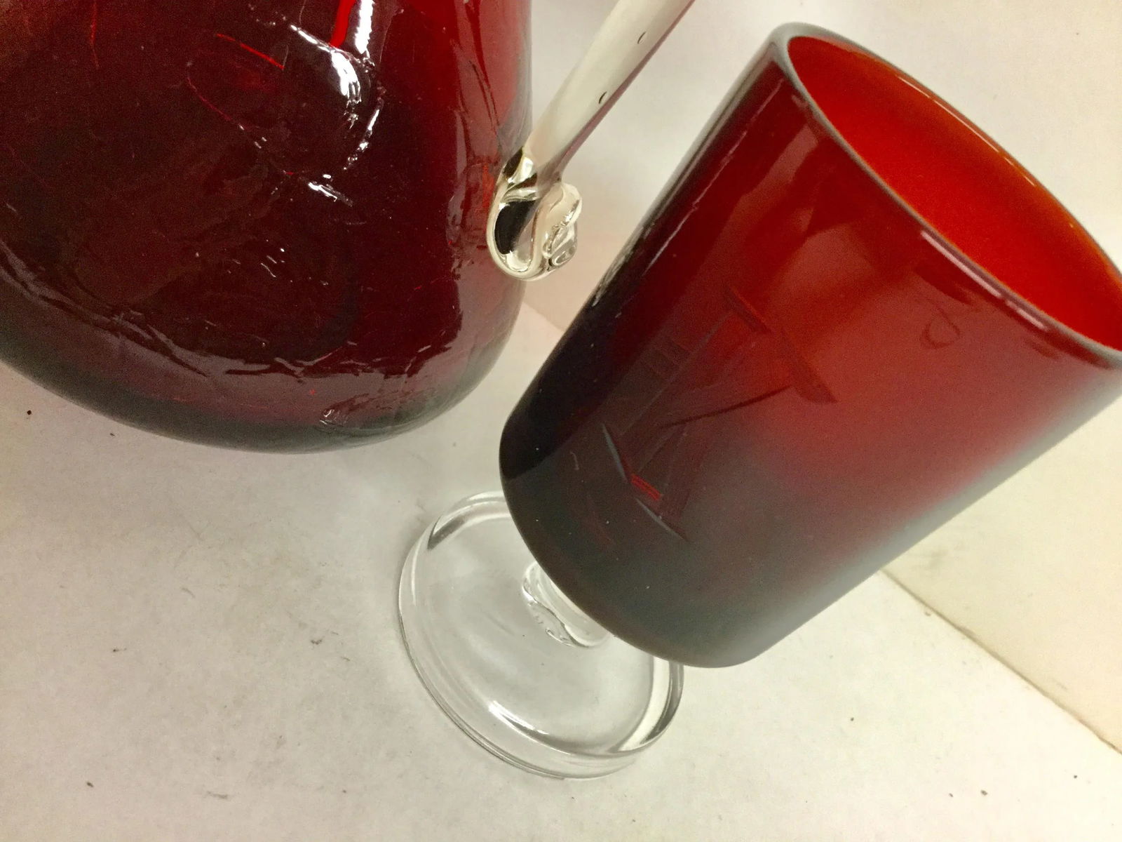 Vintage Cranberry Pitcher & Glasses - Set of 3 - 4