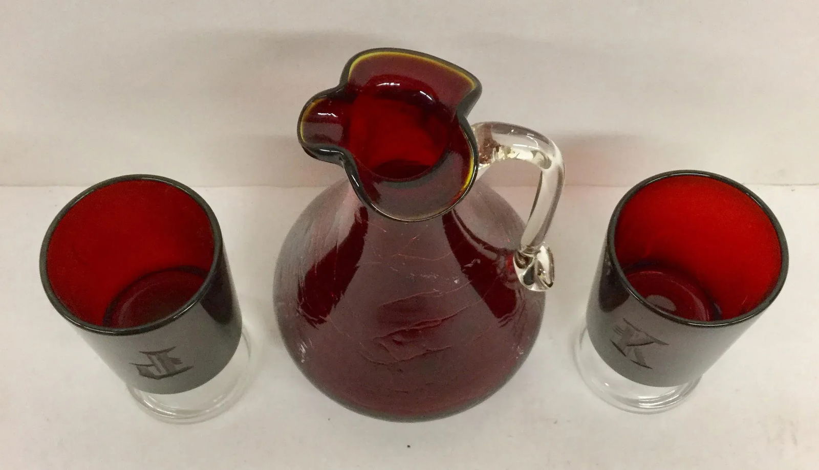 Vintage Cranberry Pitcher & Glasses - Set of 3 - 5