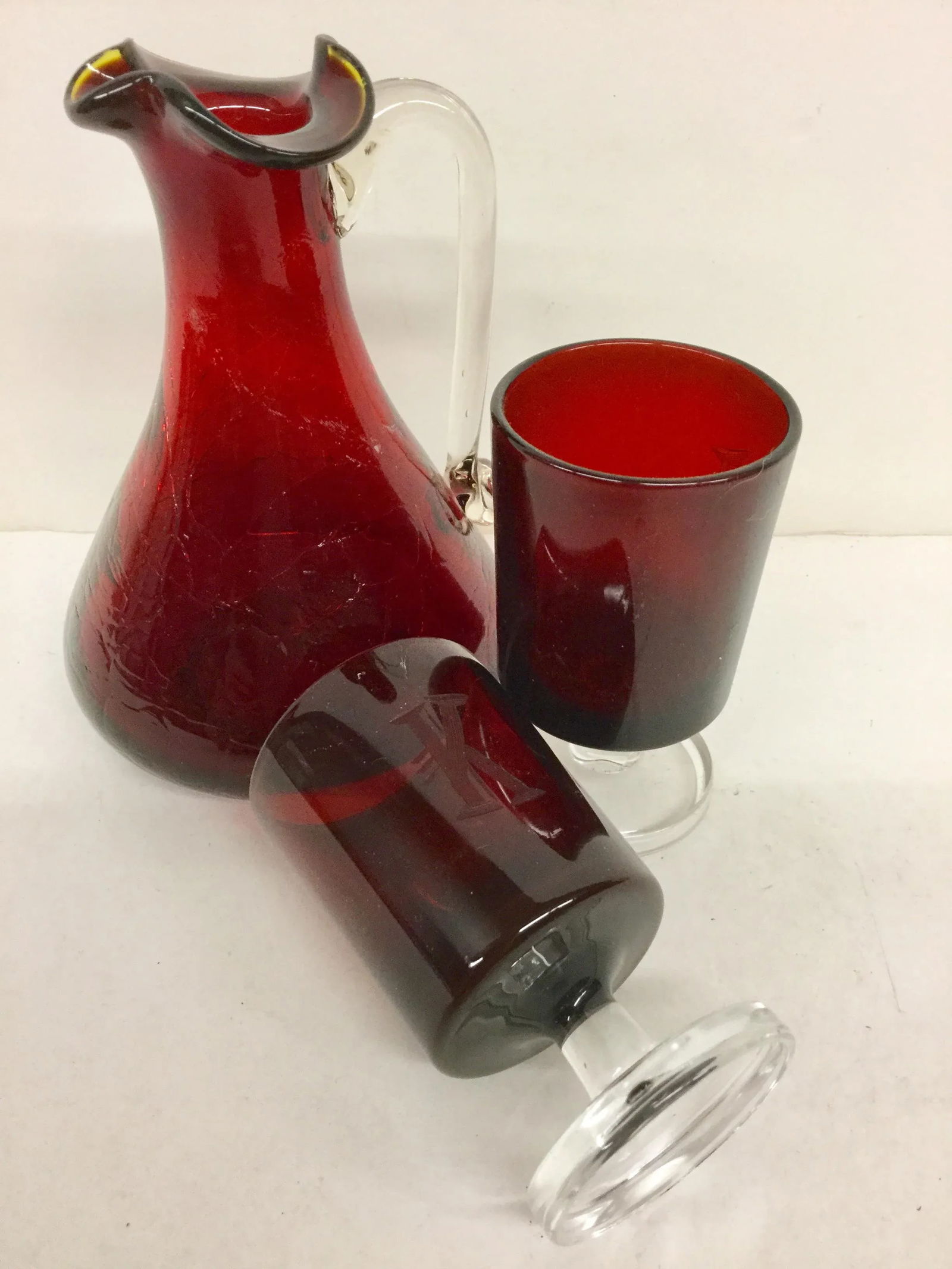 Vintage Cranberry Pitcher & Glasses - Set of 3 - 8