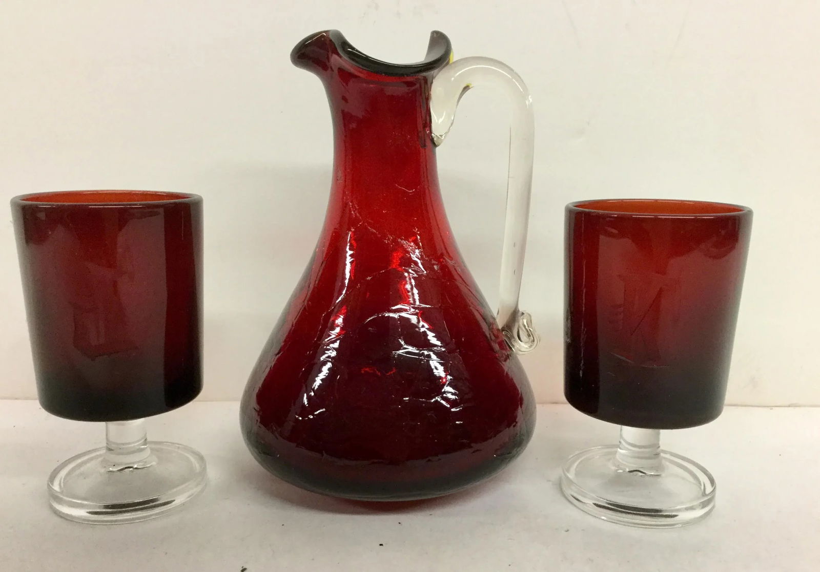 Vintage Cranberry Pitcher & Glasses - Set of 3 - 9