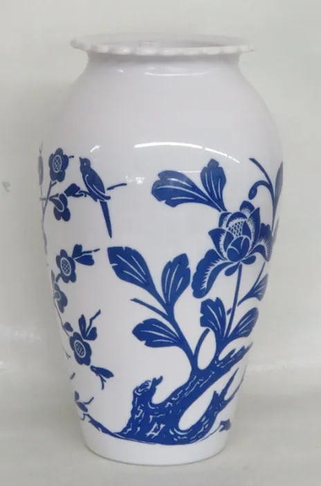 Anchor Hocking Blue Birds Cherry Blossoms Milk Glass Vase - 12