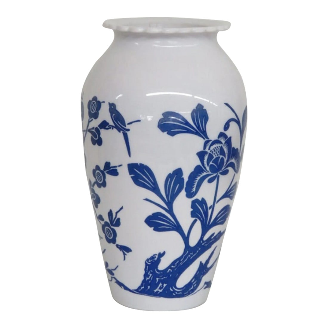 Anchor Hocking Blue Birds Cherry Blossoms Milk Glass Vase: This gorgeous large vase is made of milk glass. This lovely piece features a beautiful white color, a blue pattern depicting birds sitting on the branches of a cherry blossom tree, and a lovely